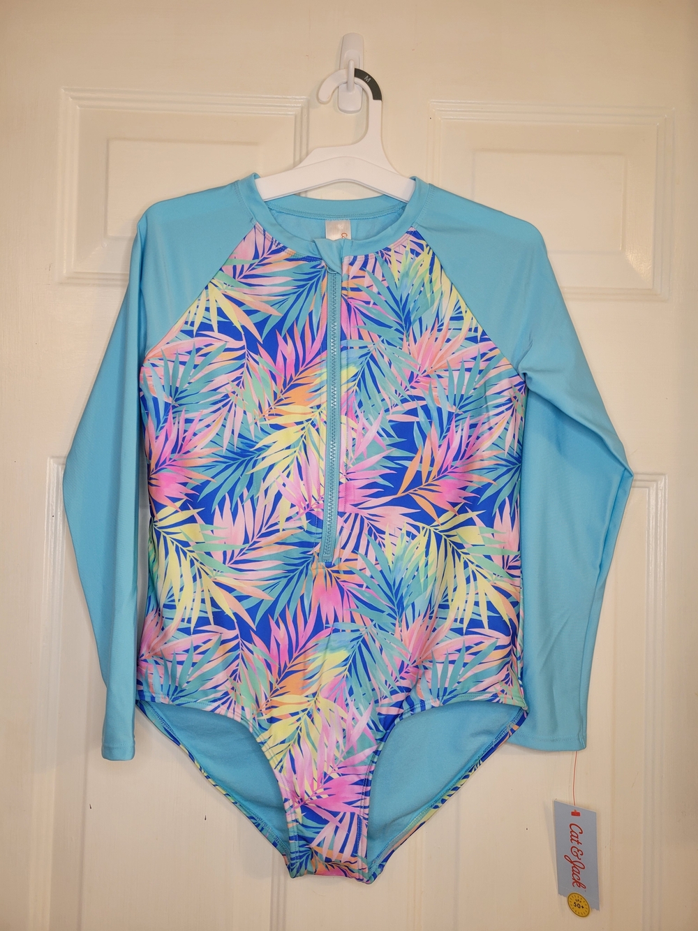 Cat & Jack Girls 14/XL Light Blue Tropical Print One Piece Rash Guard Swimsuit.